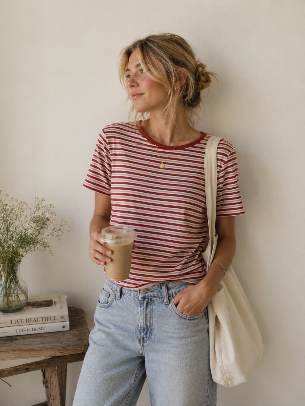 L.L. Bean Red & Cream Striped Short Sleeve Tee